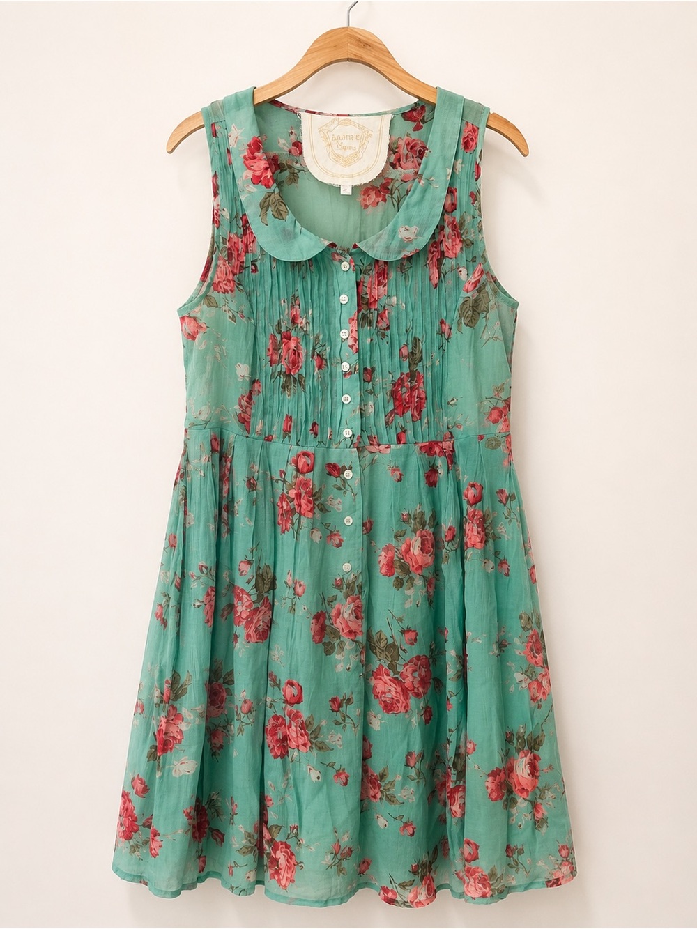 Knitted Dove 100% Cotton Womens Floral Mint Green Peter Pan Collar Dress Size XL